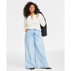 On 34th Women's Plus Size 2X Light Beige Ribbed Long Sleeve Henley Top NWT